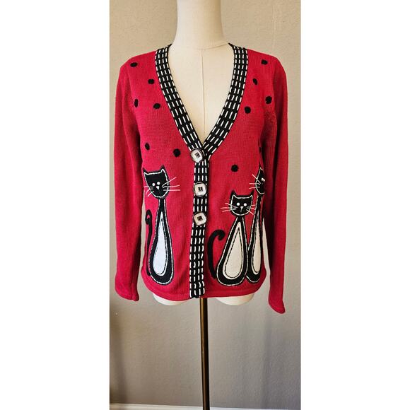 Vintage Timberlea Ramie Oversize Button Knit Cat Cardigan Sweater Women Sz S Red - Picture 1 of 8